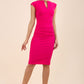 brunette model wearing diva catwalk lydia sleeveless pencil flattering fitted plain dress with split neckline and pleating across the body in pink front