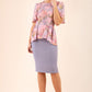 blonde model wearing seed elixir pencil knee length skirt in sky grey front