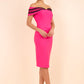brunette model wearing diva catwalk kurumba pencil dress with bardot off shoulder neckline and lace detail across it in pink and black colour front