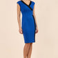 brunette model wearing Diva catwalk Suzy pencil sleeveless dress with v-neckline and wide wasteland in cobalt blue front