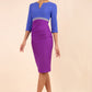 Model wearing the Diva Lara Colour Block pencil dress Couture Stretch seed three quarter sleeve  in Amethyst Purple, Thistle Blue , Sky Grey colour front 