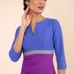 Model wearing the Diva Lara Colour Block pencil dress Couture Stretch seed three quarter sleeve in Amethyst Purple, Thistle Blue , Sky Grey colour front