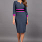 brunette model wearing Diva catwalk Paeonia dress square neckline with a vent in slate grey with dawn purple and black stripes around the waist and three quarter sleeve with dawn purple contrast finish front