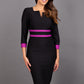 brunette model wearing Diva catwalk Paeonia dress square neckline with a vent in black with dawn purple and black stripes around the waist and three quarter sleeve with dawn purple contrast finish front