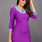 Model wearing Diva catwalk figure fitted pencil Cirrus dress in amethyst purple / steel grey, three quarter sleeve front image