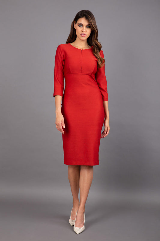 Model wearing Diva catwalk Minette dress in garnet red with three quarter sleeve figure fitted pencil dress front image