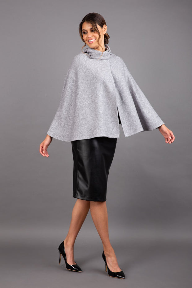brunette model wearing diva catwalk hampstead cape known as shawl high neck in flint grey front