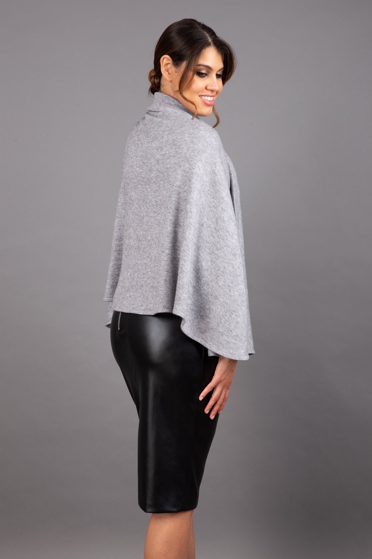 brunette model wearing diva catwalk hampstead cape known as shawl high neck in grey back