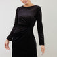 Brunette Model wearing assymetric glitter and black velvet long sleeve dress front image