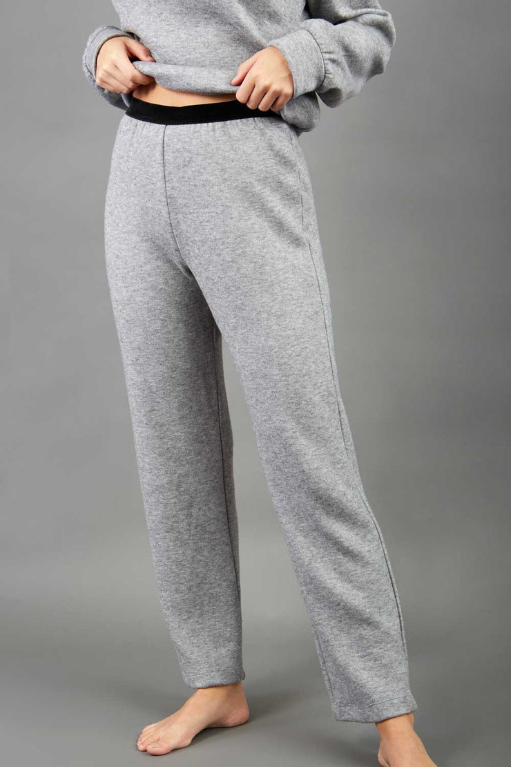 Model is wearing diva catwalk brody cashmere trousers long leg in flint grey colour front