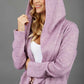 blonde model wearing diva catwalk cashmere hooded jacket with long sleeves and front waterfall closure in lavender mist front