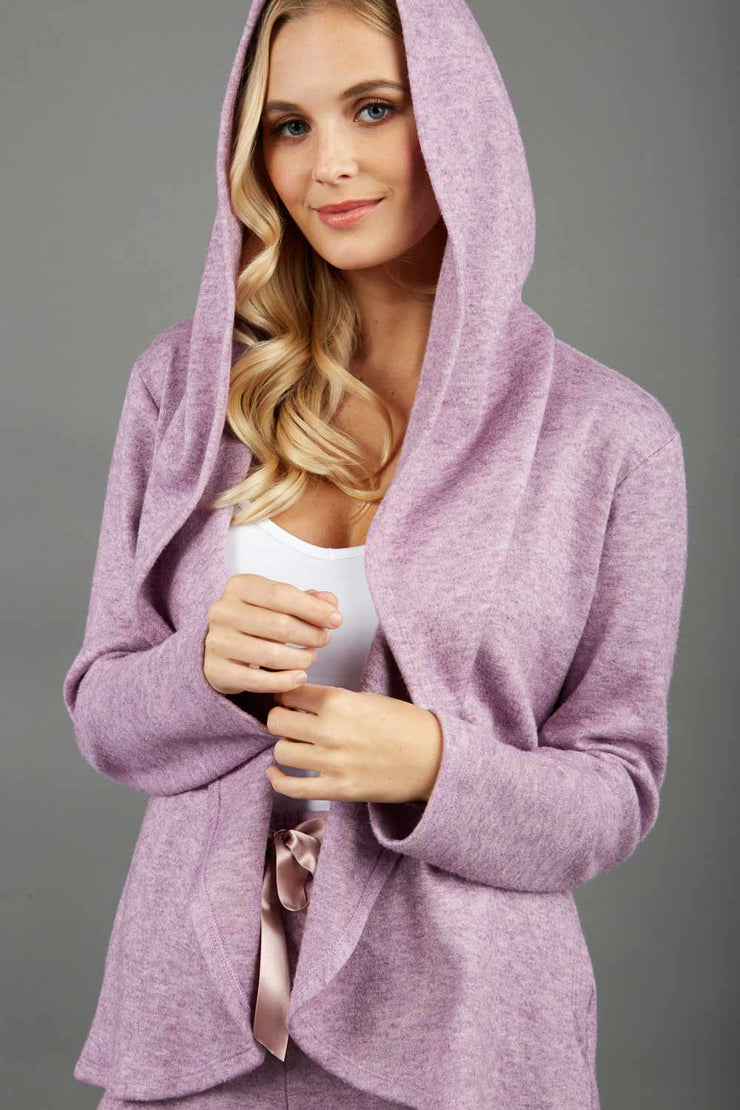 blonde model wearing diva catwalk cashmere hooded jacket with long sleeves and front waterfall closure in lavender mist front