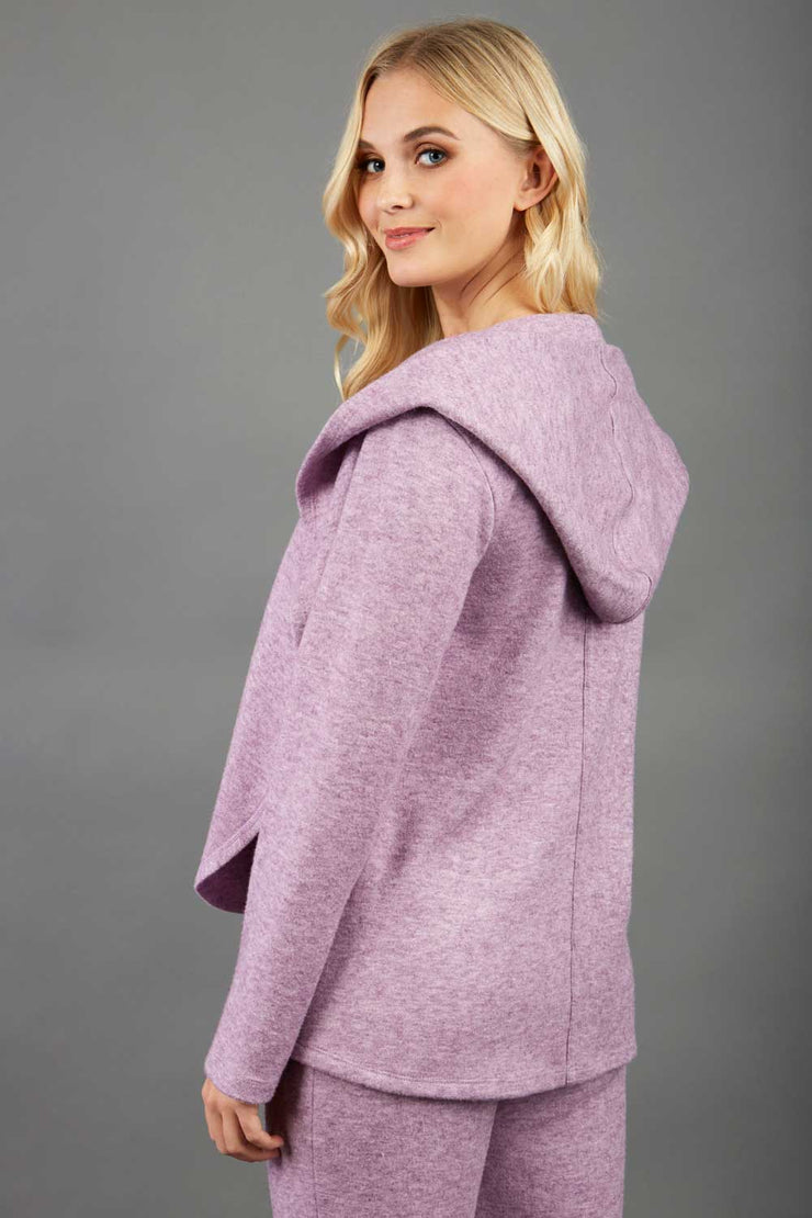 blonde model wearing diva catwalk cashmere hooded jacket with long sleeves and front waterfall closure in lavender mist back
