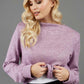blonde model wearing diva catwalk hudson top with long sleeves and boat neckline in very soft cosy cashmere fabric in pink colour front with diva brody trousers matching the top front
