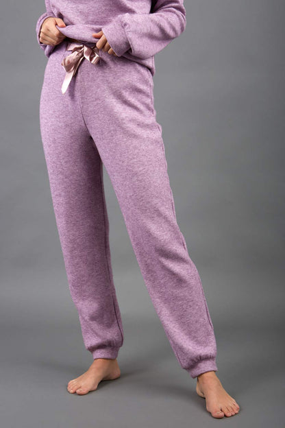 model wearing diva catwalk cosy soft touch cashmere joggers long leg with ribbon detail in lavender mist sweat pants design front