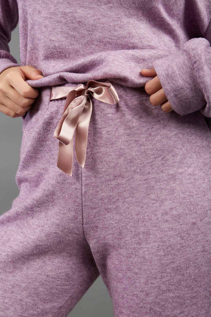 model wearing diva catwalk cosy soft touch cashmere joggers long leg with ribbon detail in lavender mist front