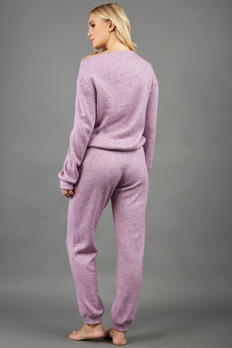model wearing diva catwalk cosy soft touch cashmere joggers long leg with ribbon detail in lavender mist sweat pants design back