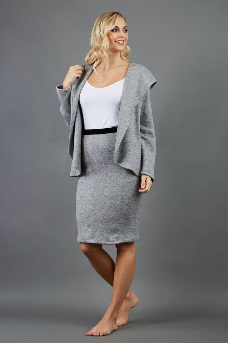 model is wearing diva catwalk elvira pencil grey skirt in soft cashmere fabric front paired with long sleeve top