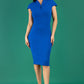A brunetter model is wearing a pencil cap sleeve dress with the zip neckline detail in cobalt