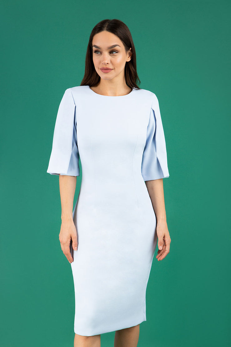 model is wearing divacatwalk chiswick pencil dress rounded neck with short sleeve in pale blue front