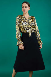 divacatwalk highfield midi a-line skirt in black front worn with divacatwalk ricky animal print long sleeved top