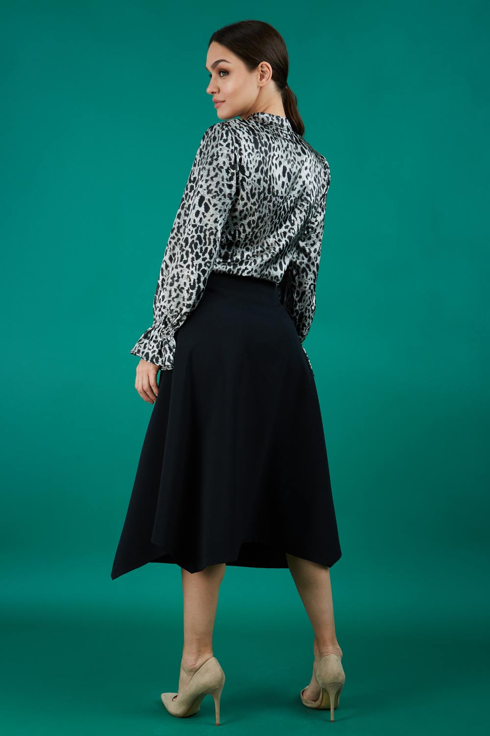 divacatwalk highfield midi a-line skirt in black back worn with divacatwalk ricky animal print long sleeved top
