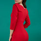 A brunette model is wearing a round neckline pencil dress with pleating on the tummy area in red back image