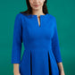Model is wearing a split neckline sleeved blue swing Aline dress from Diva Catwalk front image