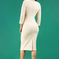 model is wearing diva catwalk chandos sheath dress with three quarter sleeve and slit in the middle of the neckline in beige back