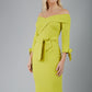 blonde model is wearing diva catwalk mulberry pencil off-shoulder dress with a bow detail on 3/4 sleeves and criss cross on a front panel in lime front