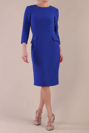 Model wearing diva catwalk Elsinor 3/4 Sleeve pencil skirt dress front with two side pockets in Cobalt Blue 