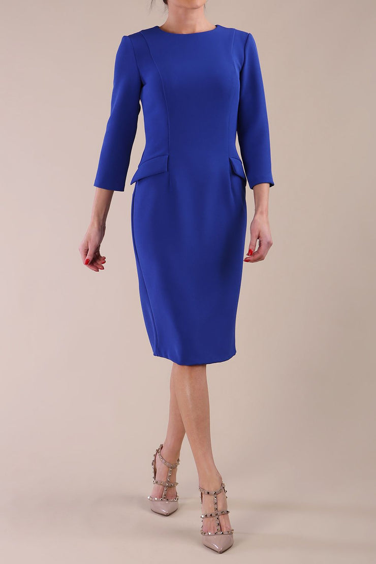 Model wearing diva catwalk Elsinor 3/4 Sleeve pencil skirt dress front with two side pockets in Cobalt Blue 