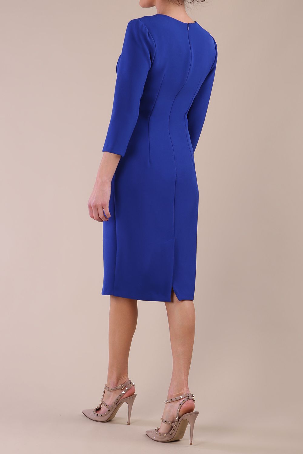 Model wearing diva catwalk Elsinor 3/4 Sleeve pencil skirt dress back in Cobalt Blue 