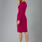 blonde model is wearing diva catwalk gately pencil dress with long sleeves and twisted low v-neck in magenta back