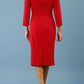 model is wearing diva catwalk miracle pencil dress with keyhole detail on a side of the front panel and gathering detail on a side or bodice panel with sleeves in scarlet red colour back