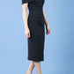 model is wearing diva catwalk amelia pencil dress with bardot neckline and ruched back in black side