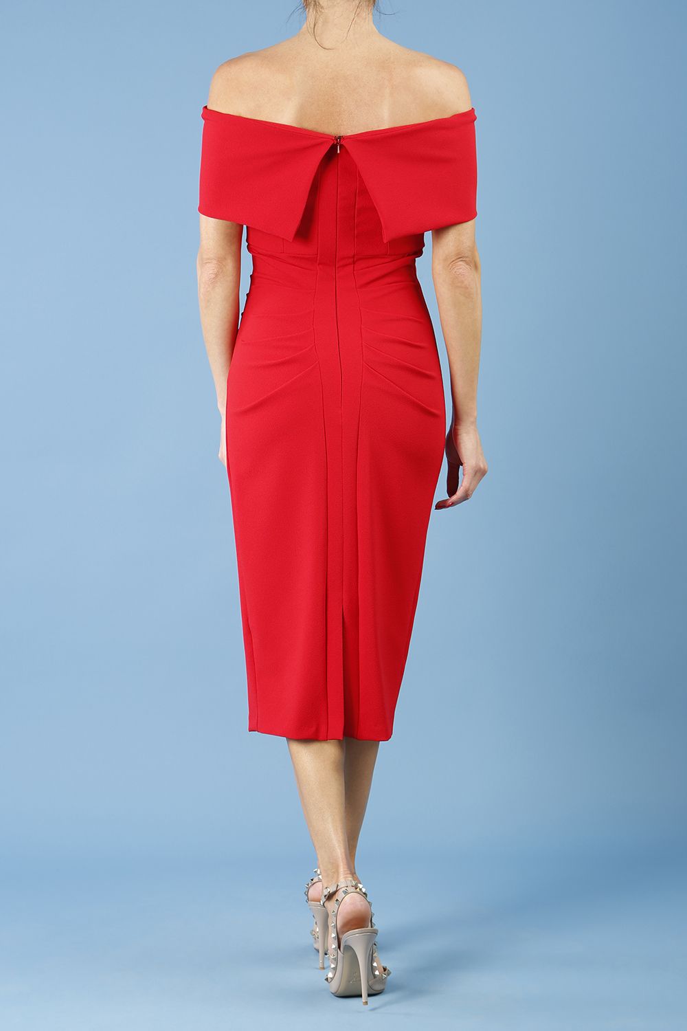 model is wearing diva catwalk amelia pencil dress with bardot neckline and ruched back in scarlet red back