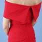 model is wearing diva catwalk amelia pencil dress with bardot neckline and ruched back in scarlet red back