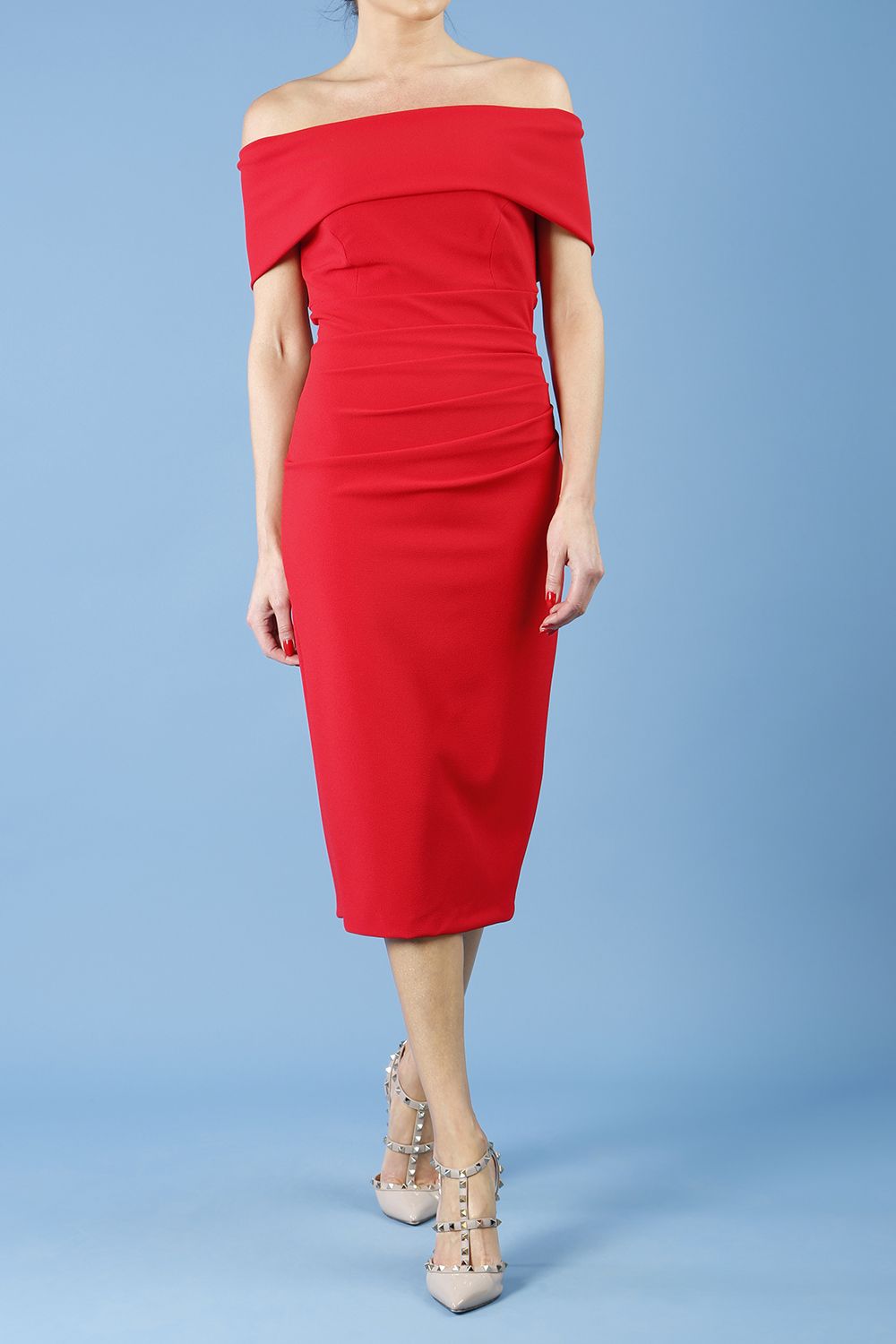 model is wearing diva catwalk amelia pencil dress with bardot neckline and ruched back in scarlet red front