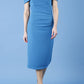 model is wearing diva catwalk amelia pencil dress with bardot neckline and ruched back in tropical teal front