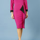 model is wearing diva catwalk bounty contrast pencil dress with rounded neckline and waistband in magenta haze and black colours front