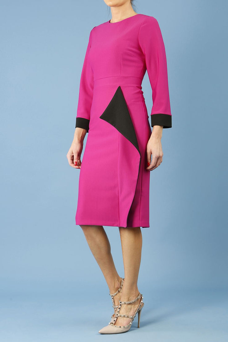 model is wearing diva catwalk bounty contrast pencil dress with rounded neckline and waistband in magenta haze and black colours front