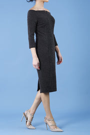 model is wearing diva catwalk neptune pencil off-shoulder dress with 3/4 sleeve in black sparkle front