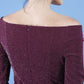 model is wearing diva catwalk neptune pencil off-shoulder dress with 3/4 sleeve in burgundy sparkle back close up