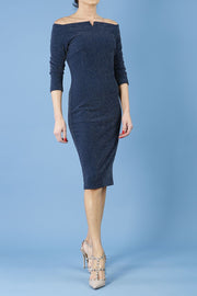 model is wearing diva catwalk neptune pencil off-shoulder dress with 3/4 sleeve in teal sparkle front