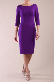 Model wearing diva catwalk Kinga 3/4 Sleeve pencil skirt dress Purple