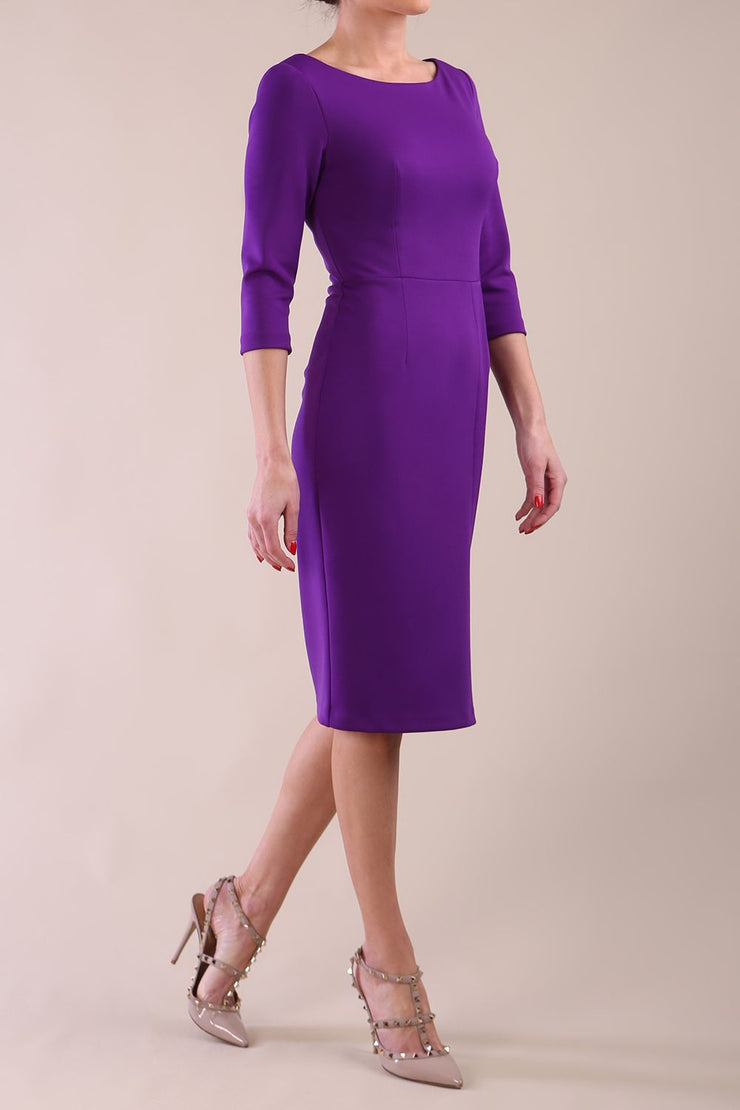 Model wearing diva catwalk Kinga 3/4 Sleeve pencil skirt dress Purple
