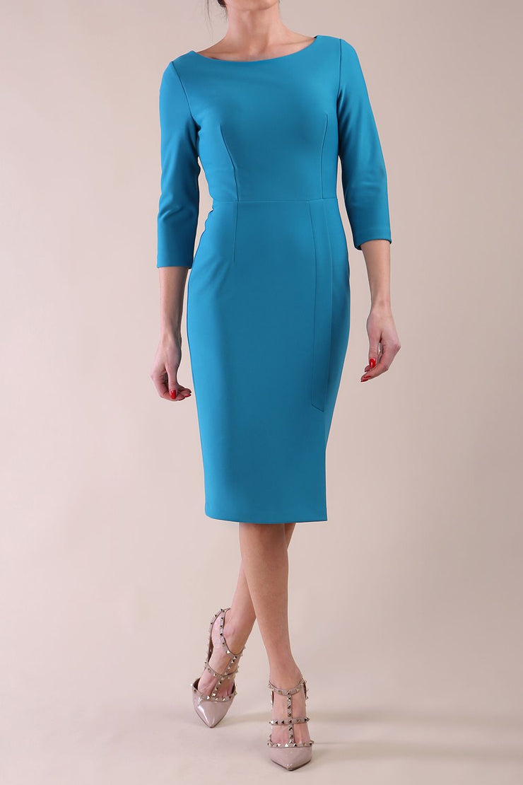 Model wearing diva catwalk Kinga 3/4 Sleeve pencil skirt dress