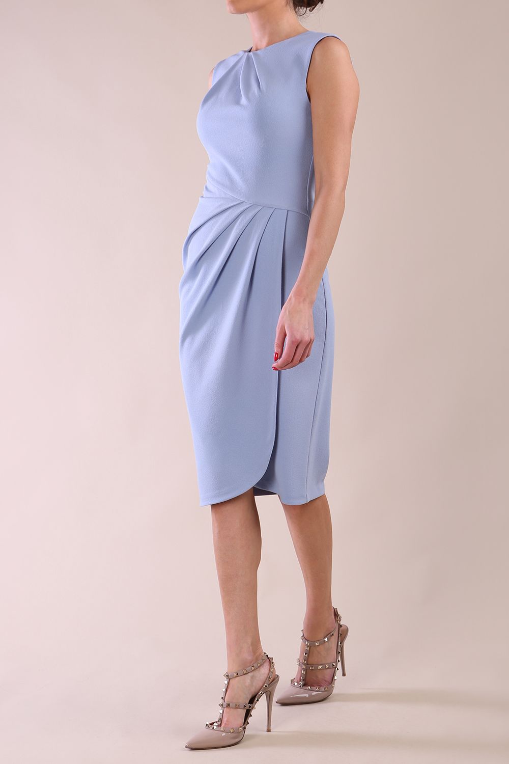 Model wearing diva catwalk Biscay Sleeveless Pleating pencil skirt dress in Powder Blue