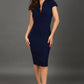 A brunetter model is wearing a pencil cap sleeve dress with the zip neckline detail in navy 